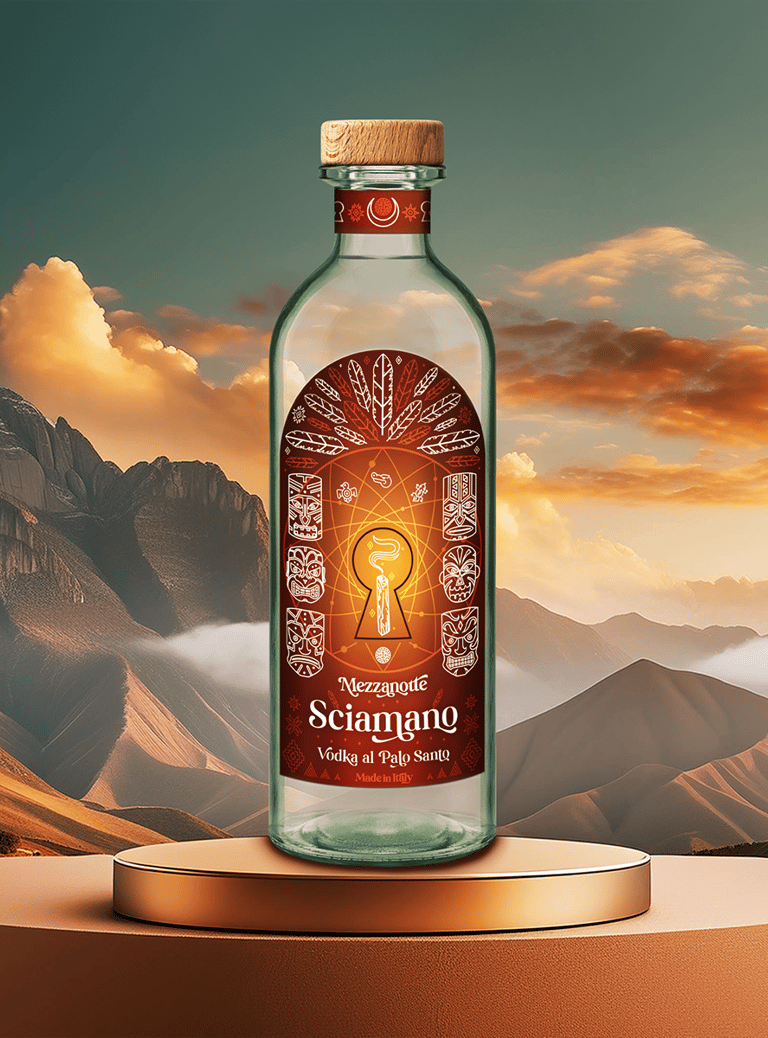 una bottiglia di vodka Sciamano, sullo sfondo un paesaggio montano illuminato dalle luci dell'alba