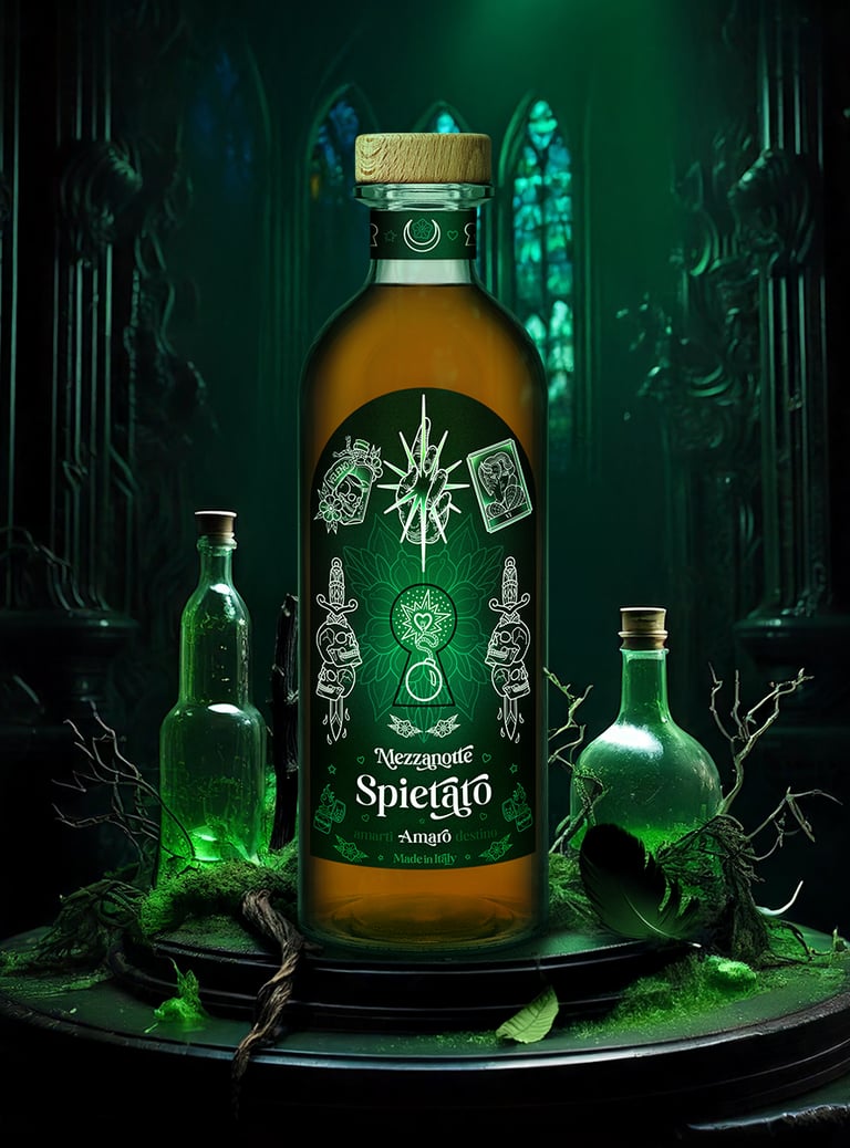 bottiglia di amaro Spietato attorniata da pozioni e sullo sfondo una vetrata gotica oscura