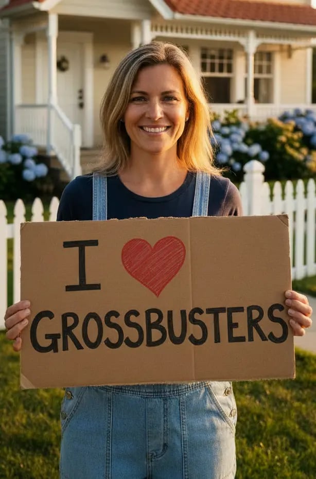 Satisfied customer holding sign that says I love Grossbusters