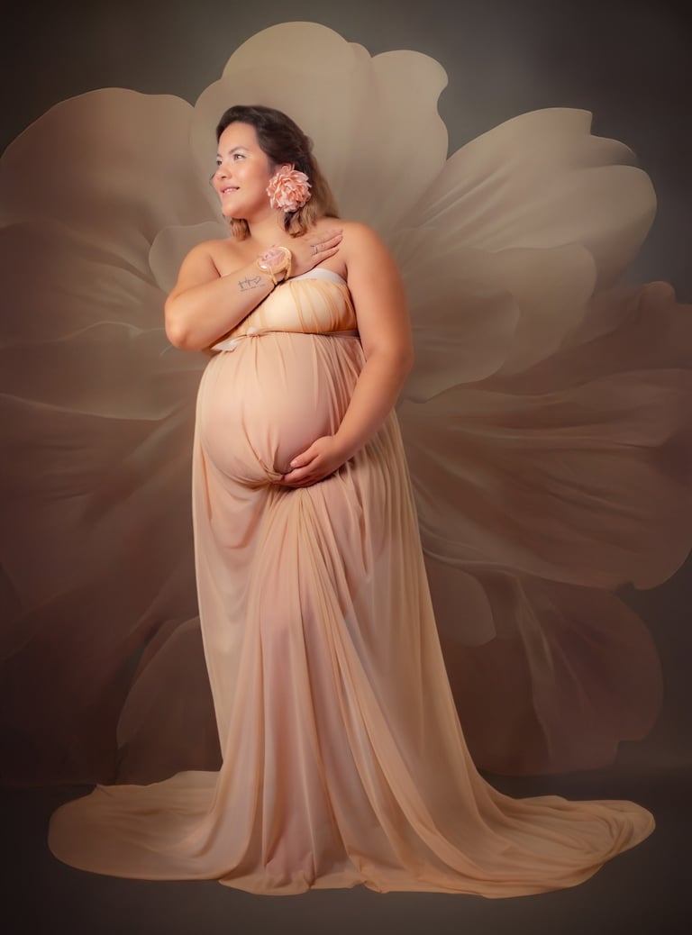 a pregnant woman in a dress with a flower in her belly