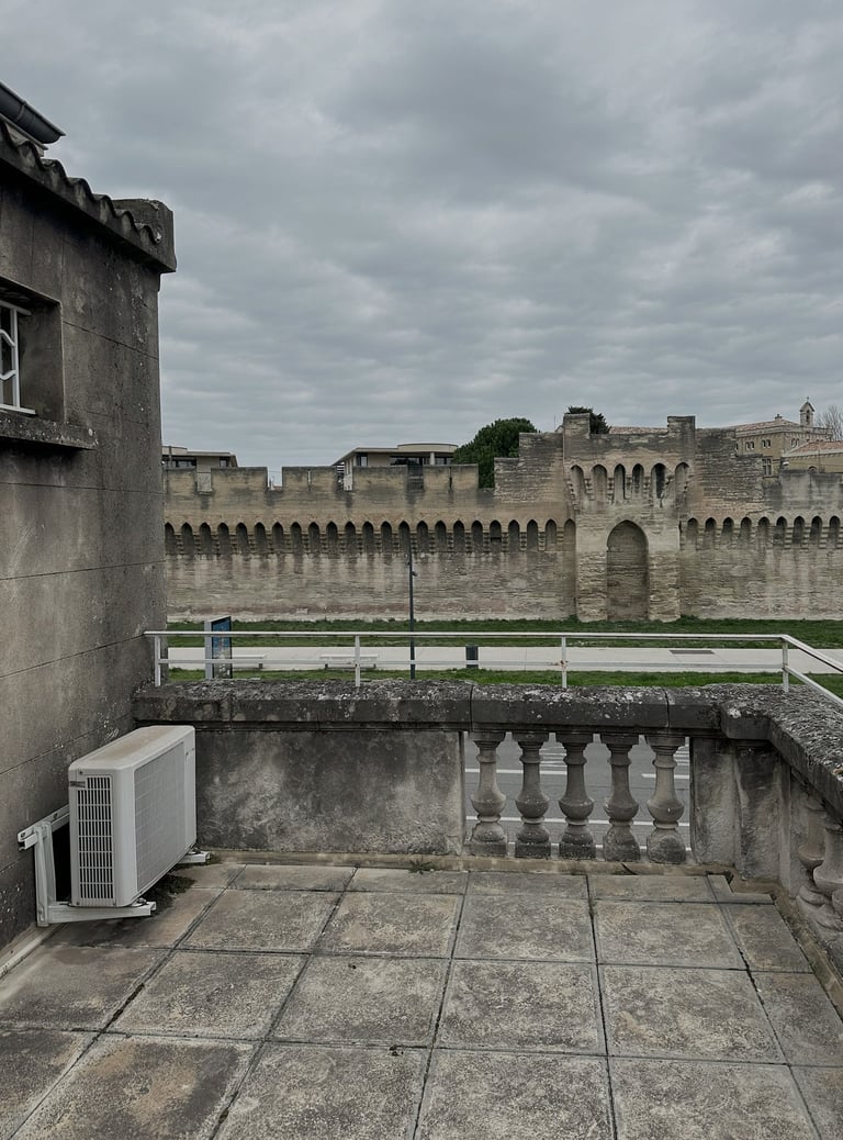 Stunning view of Avignon’s city walls from the terrace of a studio under renovation