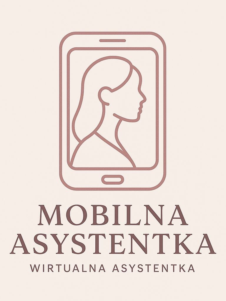 Mobilna Asystentka logo featuring a woman's profile in a smartphone icon for virtual assistant services.