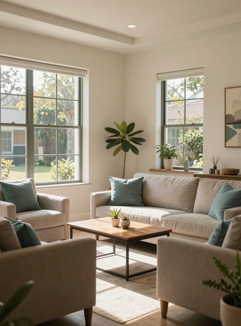 A bright, professional-looking interior of a high-end residential care home in Southern California. The room features warm off-white walls, large windows letting in natural sunlight, and comfortable furniture with muted teal cushions. The atmosphere is calming, clean, and trustworthy.
