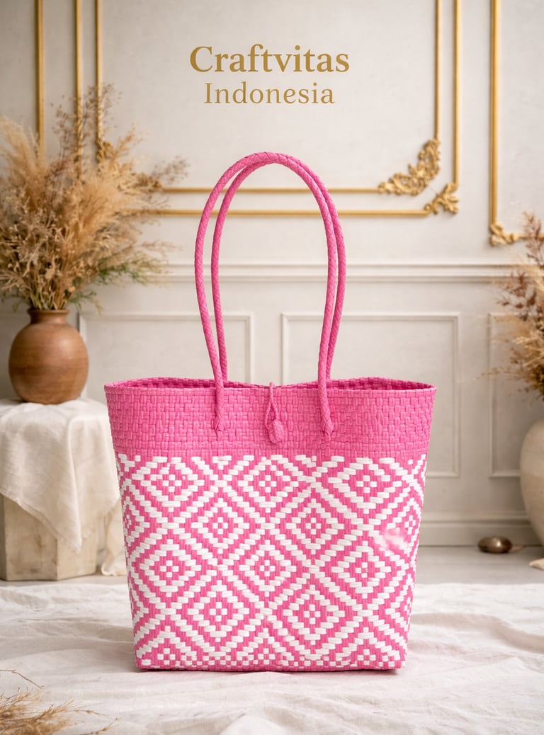 Tas anyaman plastik handmade warna pink putih dengan motif diamond etnik dari Craftvitas Indonesia