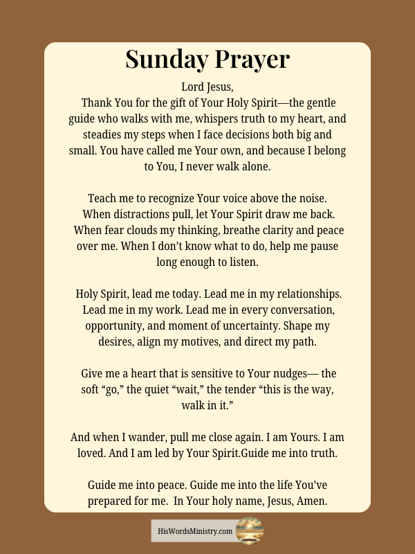 a prayer card with a Sunday prayer of the week