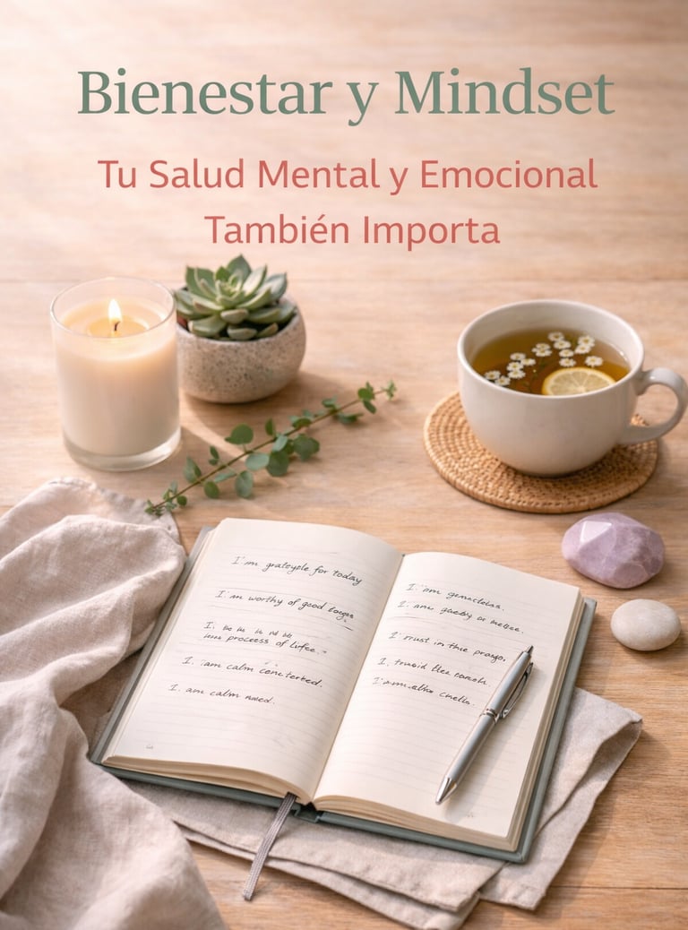 bienestar y mindfulness con cuaderno abierto, vela encendida, taza de té herbal y planta sobre mesa