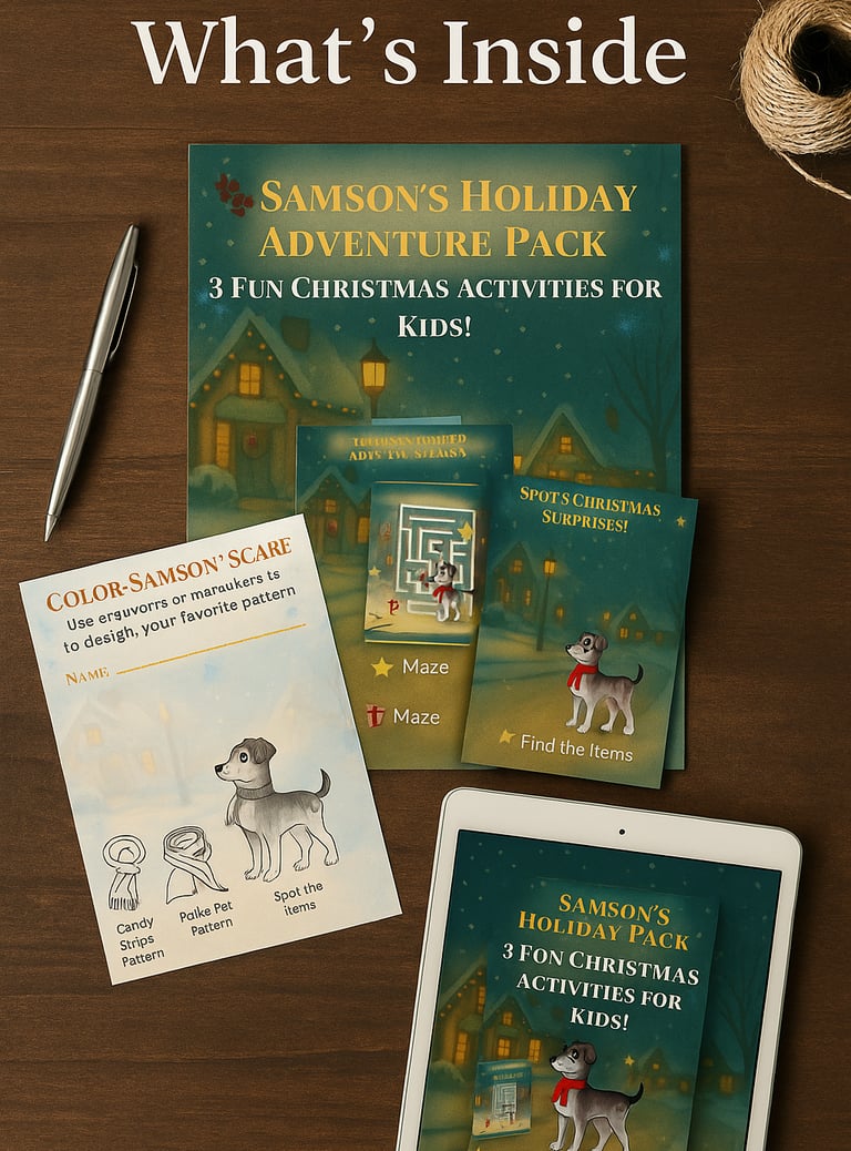 Samson’s Holiday Activity Pack preview showing Christmas maze, search-and-find game, & coloring page