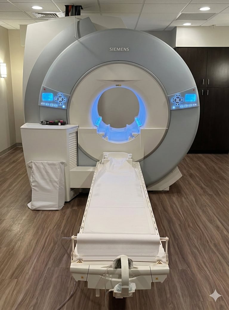 Siemens MRI machine used for brain, spine, and neurological imaging in a clinical exam room.
