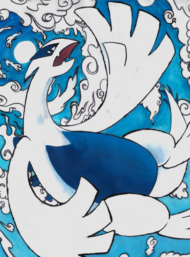 gouache painting of lugia, pokemon, second gen. 2nd gen.