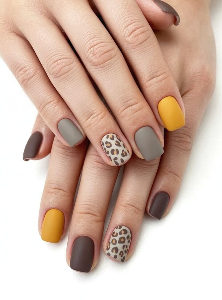 Matte fall nails with mustard yellow, taupe, and brown tones paired with a leopard print accent nail