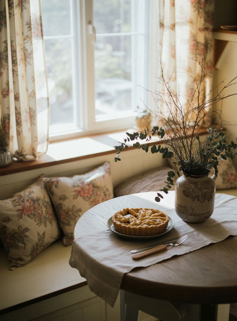 Cozy autumn dining nook with floral cushions, a rustic wooden table set with a linen runner, a ceram