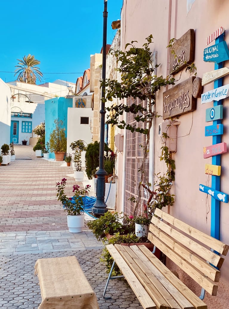 colorful picture in Rhodes Greece with colorful signs and blue sky