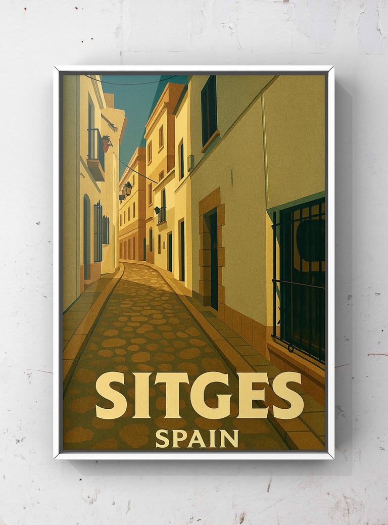 Vintage Sitges, Spain Old Town travel poster art print featuring a sunlit cobblestone street, 