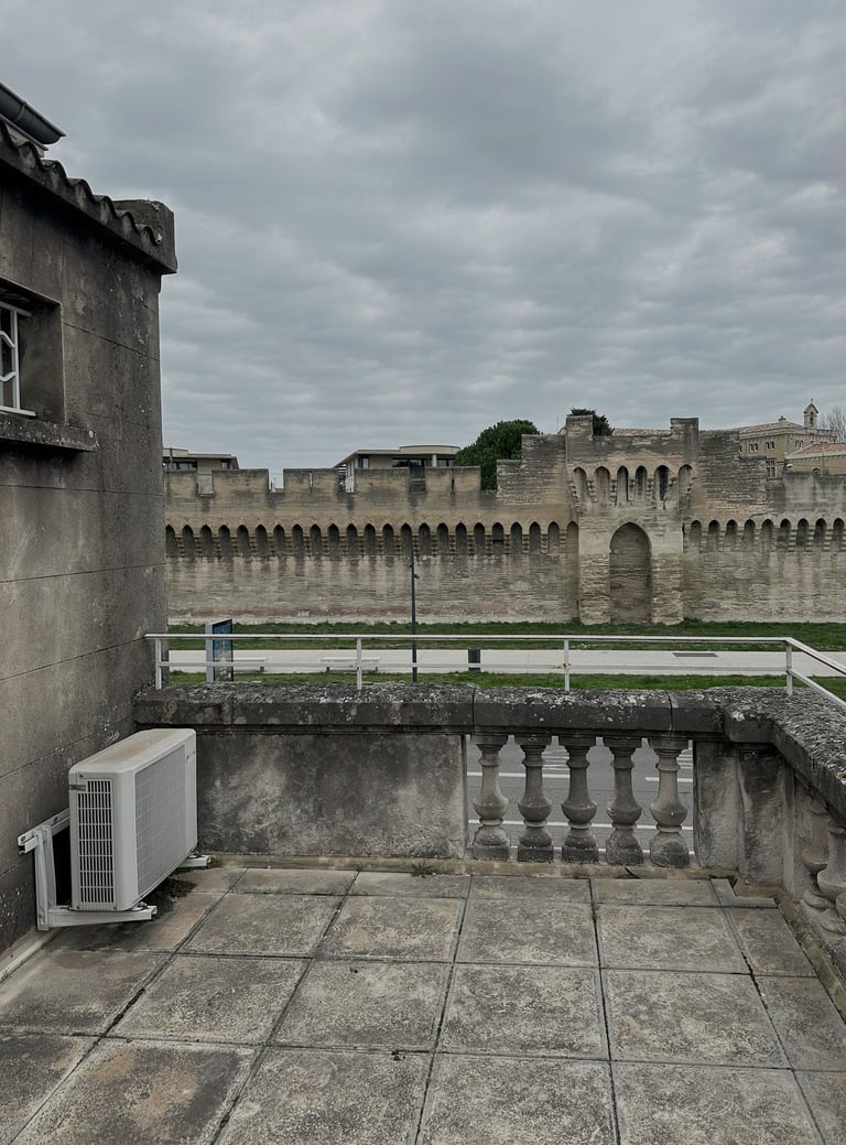 Vue imprenable sur les remparts d’Avignon depuis la terrasse d’un studio en rénovation