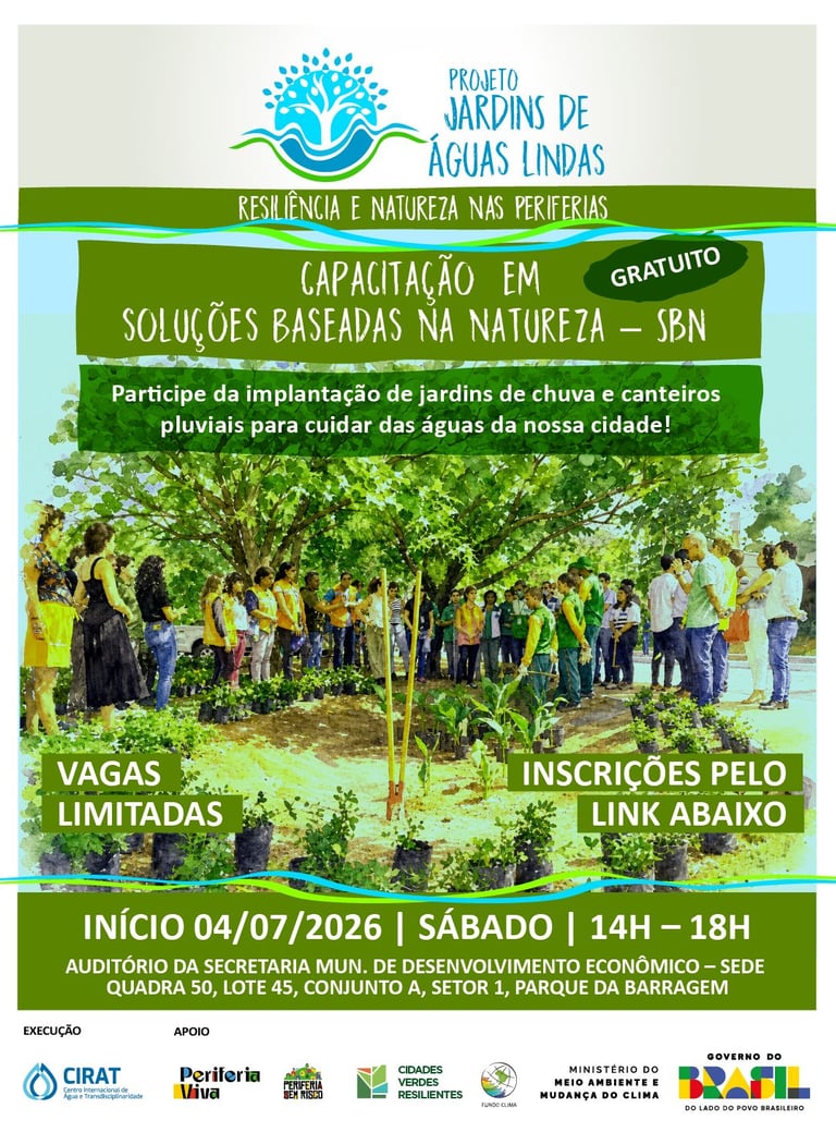 Poster for Jardins de Águas Lindas nature-based solutions training with rain garden workshop details.