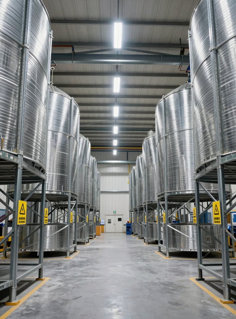 Interior of a highly organized industrial food storage warehouse in Riyadh, clean steel racks, professional crisp lighting, safety signage, no people