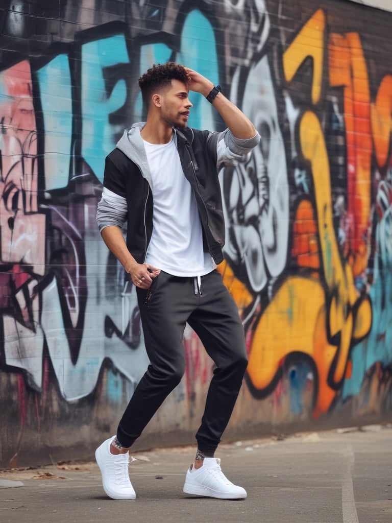 A man wearing a black jogger and a pair of white sneakers