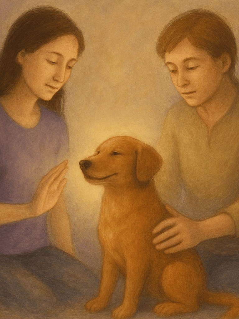 tekening van man en vrouw en hond die samen een energetische behandeling geven