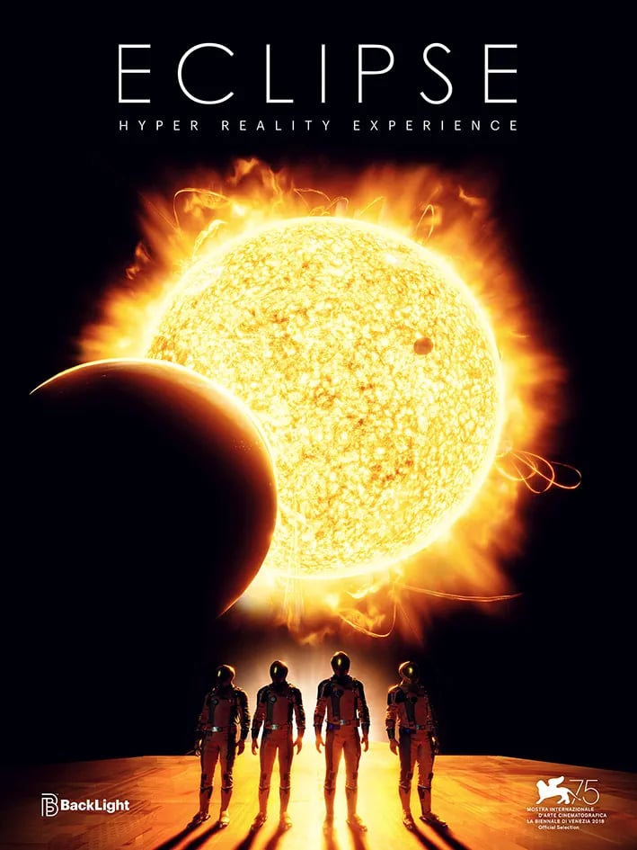 A group of people in front of the moon eclipsing the sun in the VR video game Eclipse VR