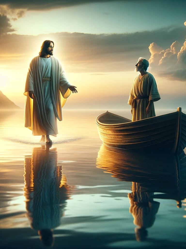 jesus walking on the water with a boat