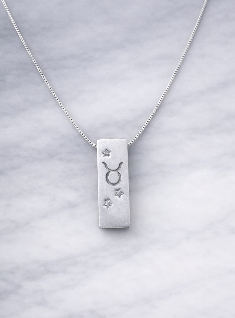 Handmade 999 silver Taurus zodiac necklace with a vertical bar pendant on a marble surface.