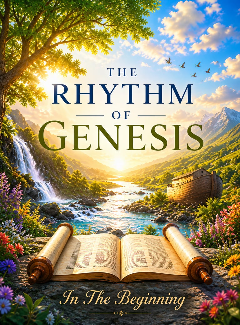Devotional image for The Rhythm of Genesis with a sunrise valley, waterfall, scroll, and ark”