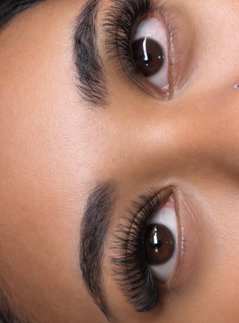 Extreme close-up of voluminous eyelash extensions and groomed eyebrows on brown eyes.
