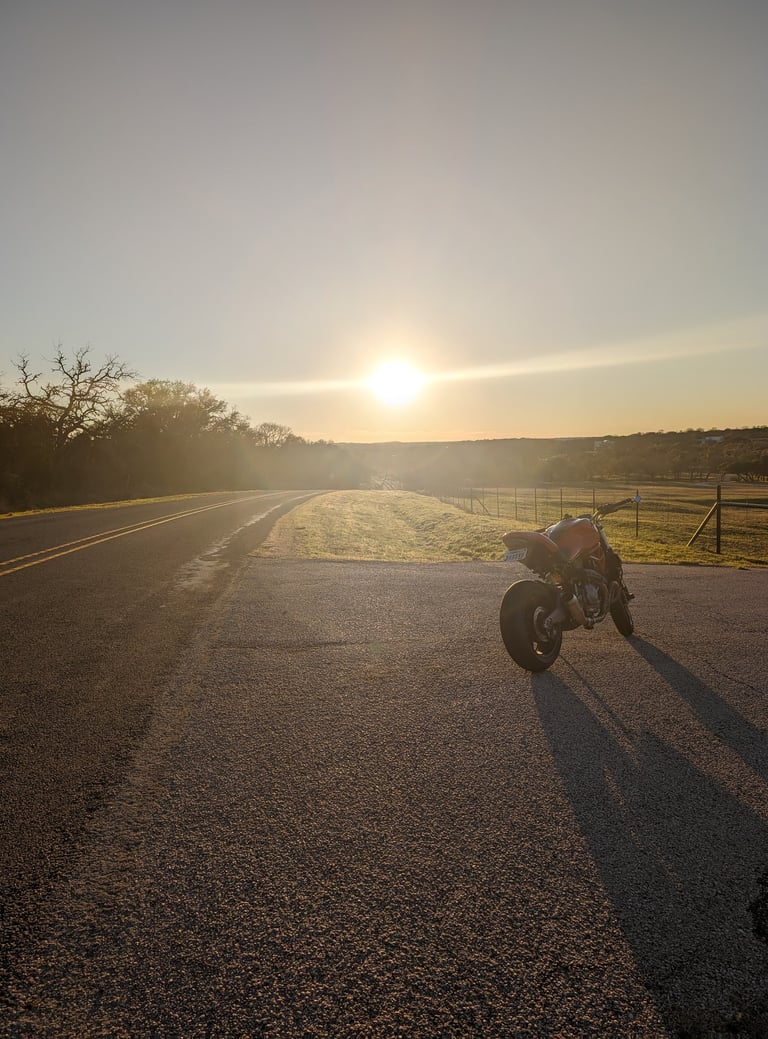 Rented Ducati - hill country near Fredericksburg, TX February 2024. Saw my first Longhorn steer, too