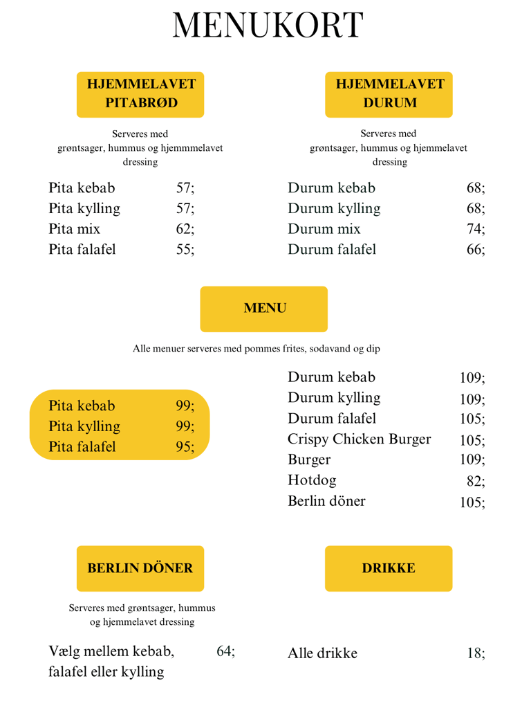 Menukort første side – fastfood-menu med pita, dürüm, menuer, Berlin döner og drikkevarer.