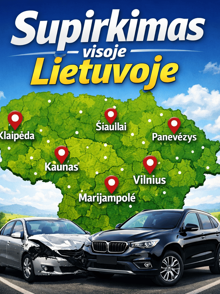 Automobilių supirkimas visoje Lietuvoje – žemėlapis su miestais Vilnius, Kaunas, Klaipėda, Šiauliai 