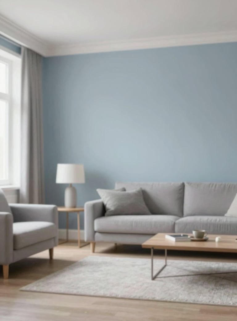 Interior shot of a living room with freshly painted walls in a soft blue-grey #B0BEC5. The finish is smooth and professional. Minimalist, modern furniture, soft natural lighting from a window.