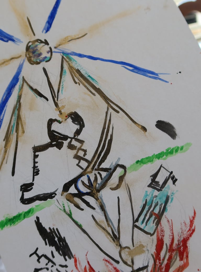 peinture aquarelle avec un chapeau, un oeil égyptien et le sceptre d'Hermès, du feu et de l'eau.