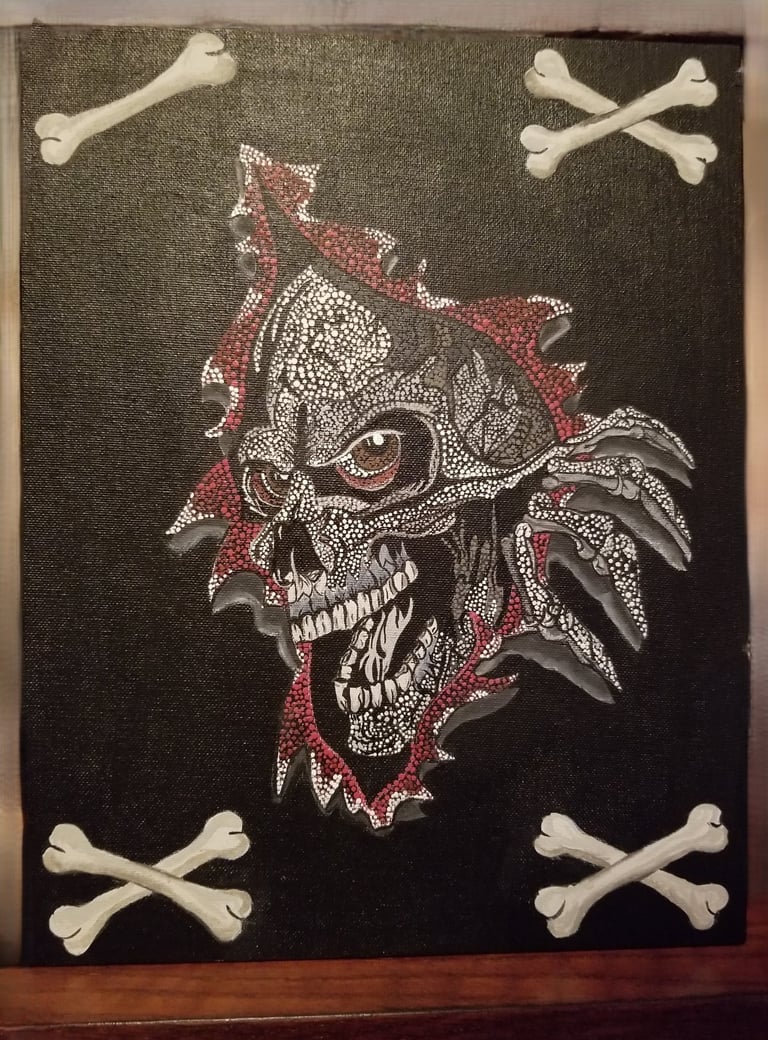A skull with his hand tearing through a wall with a sinister look done in Dot Art.