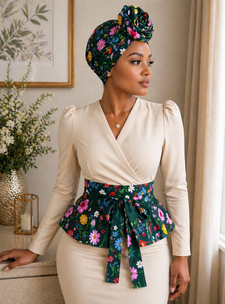 Woman wearing Blesseth4 handmade floral wrap obi belt with elegant dress, faith-inspired fashion acc