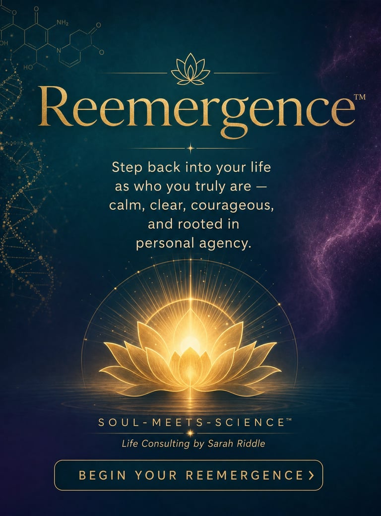 Golden lotus flower glowing over water for Reemergence soul-meets-science life consulting by Sarah Riddle.