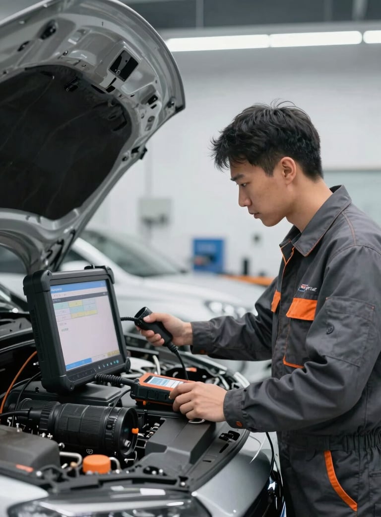 Mechanic in a clean workshop bay operating a multi-brand diagnostic scanner connected to a car, bright overhead lighting, focused expression, industrial charcoal and orange accents, sharp focus, 35mm lens.