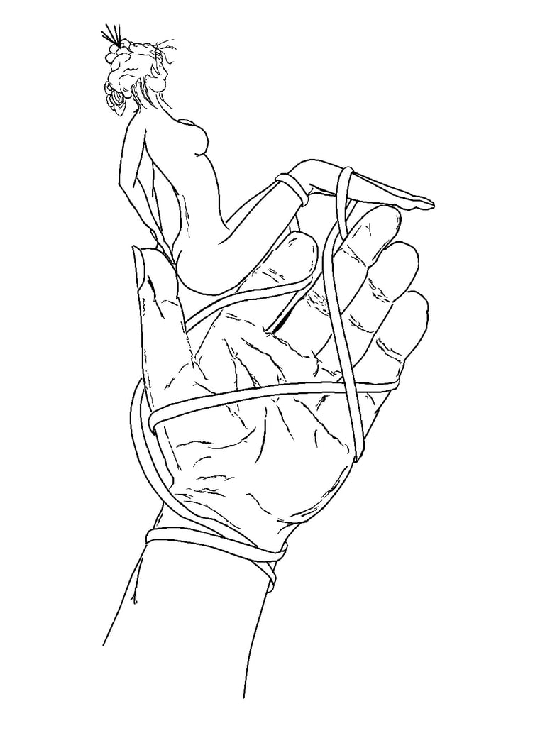 Autorretrato de la mano de Óscar Ocaña sosteniendo a Li Sao, ilustración central de Shibari Exquisito sobre fondo claro