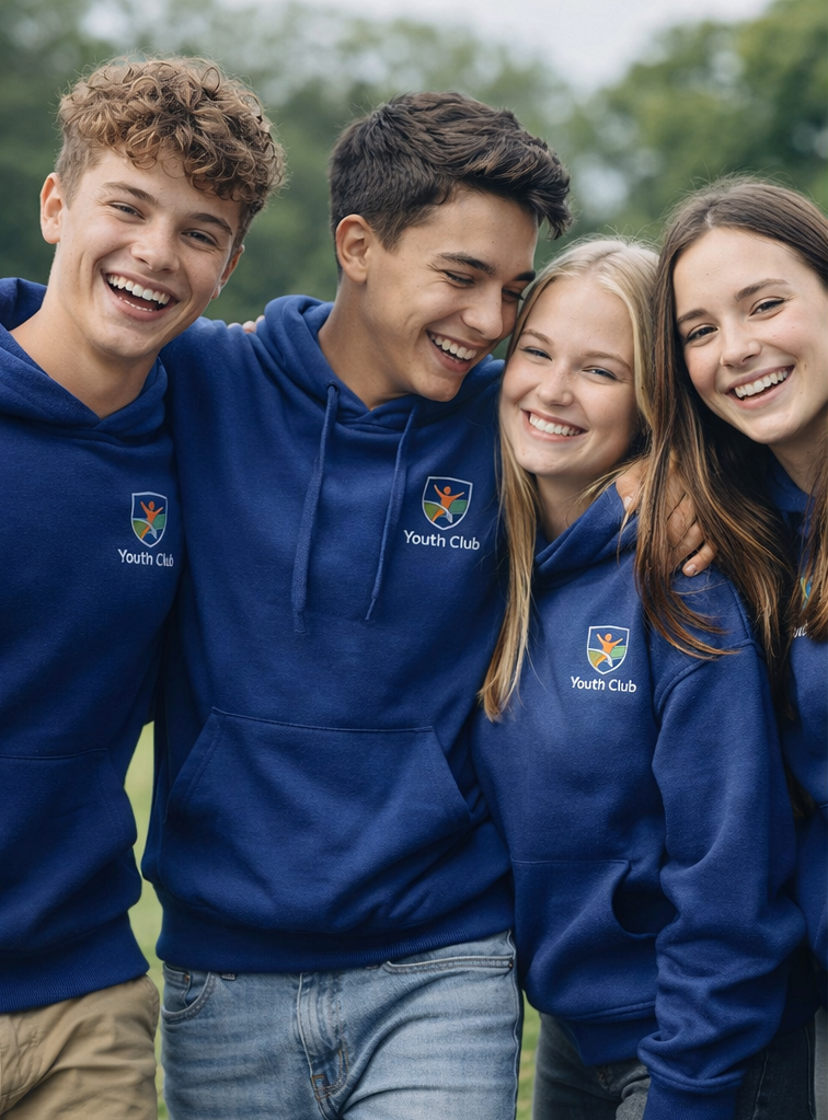 Groep jongeren met geborduurde en gepersonaliseerde sweaters
