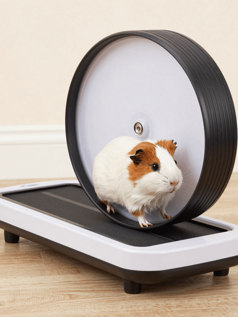 A brown and white guinea pig exercising on a modern pet exercise wheel and treadmill.