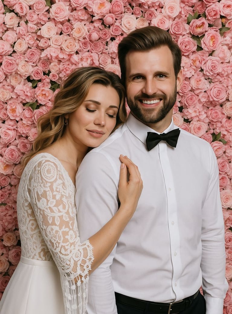 Ein Hochzeitspaar steht vor einer digitalen Blumenwand, aufgenommen von der Fotobox in Pforzheim