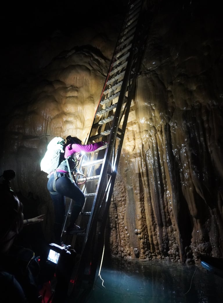 Fixed ladder at the base of the great wall of vietnam, hang son doong cave, vietnam