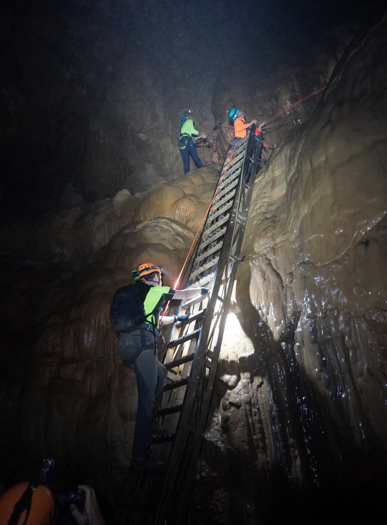 Fixed ladder at the base of the great wall of vietnam, hang son doong cave, vietnam