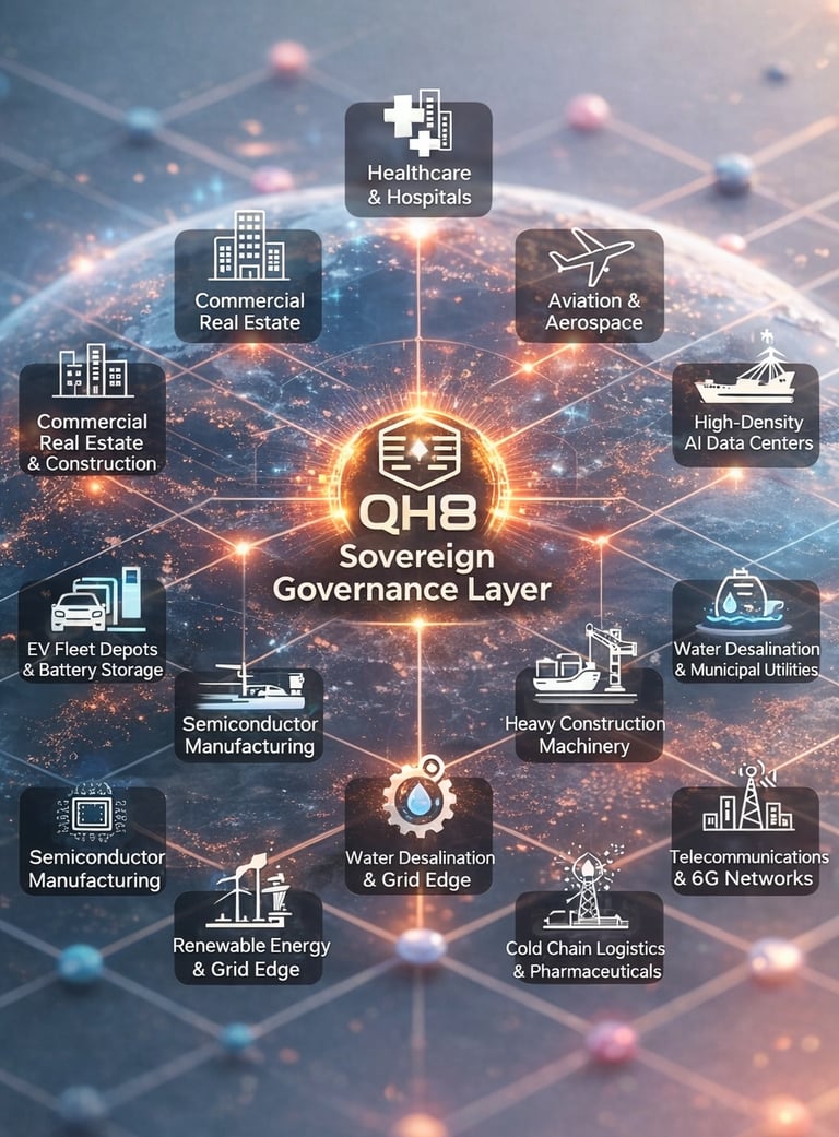 World map illustrating QH8 forensic governance engine linking global industries including AI data