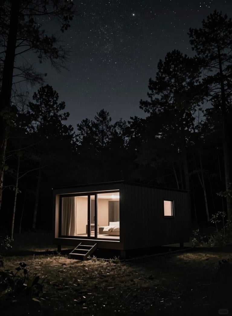 Modern architectural cabin secluded in a dark forest under a starry night sky, low-key atmospheric lighting