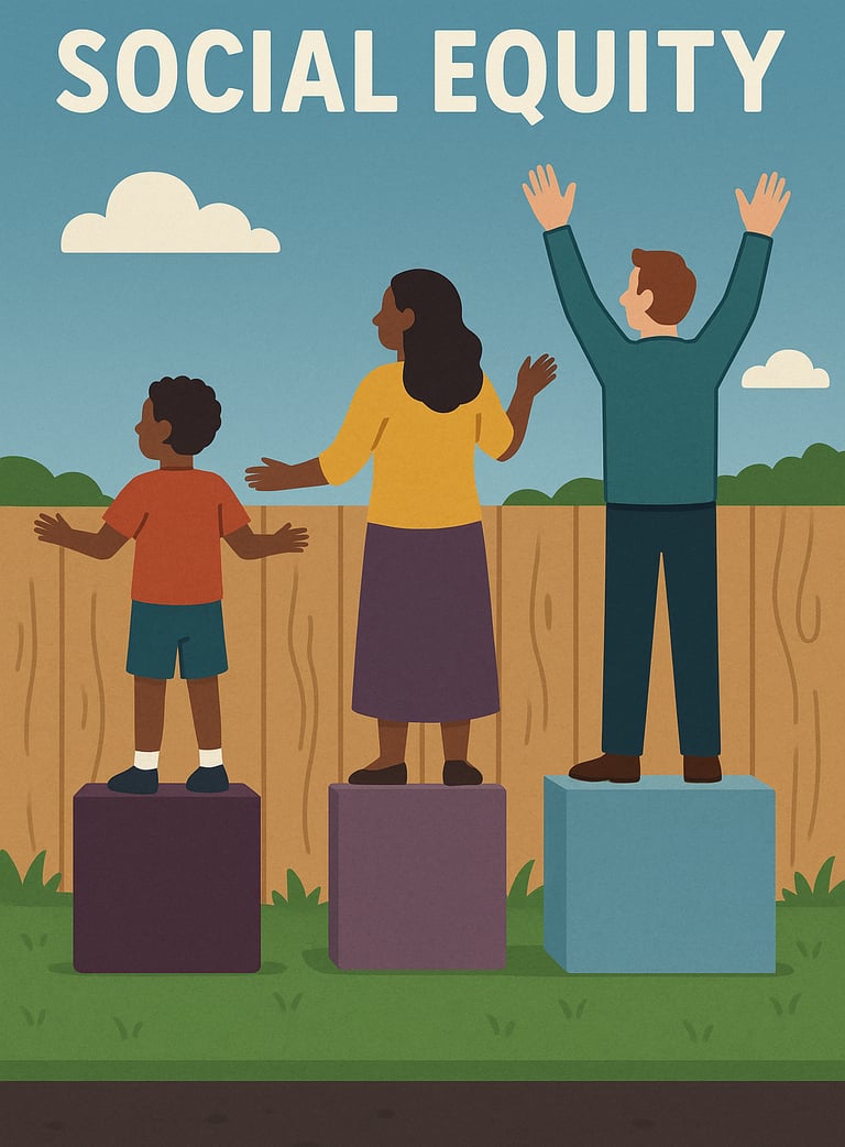 3 people, different heights, each on a box enabling them to see over a fence depicting social equit