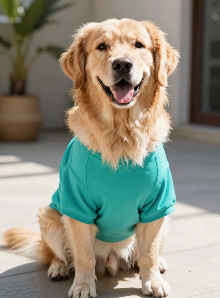 Un perro golden retriever feliz con una camiseta turquesa brillante sentado al aire libre