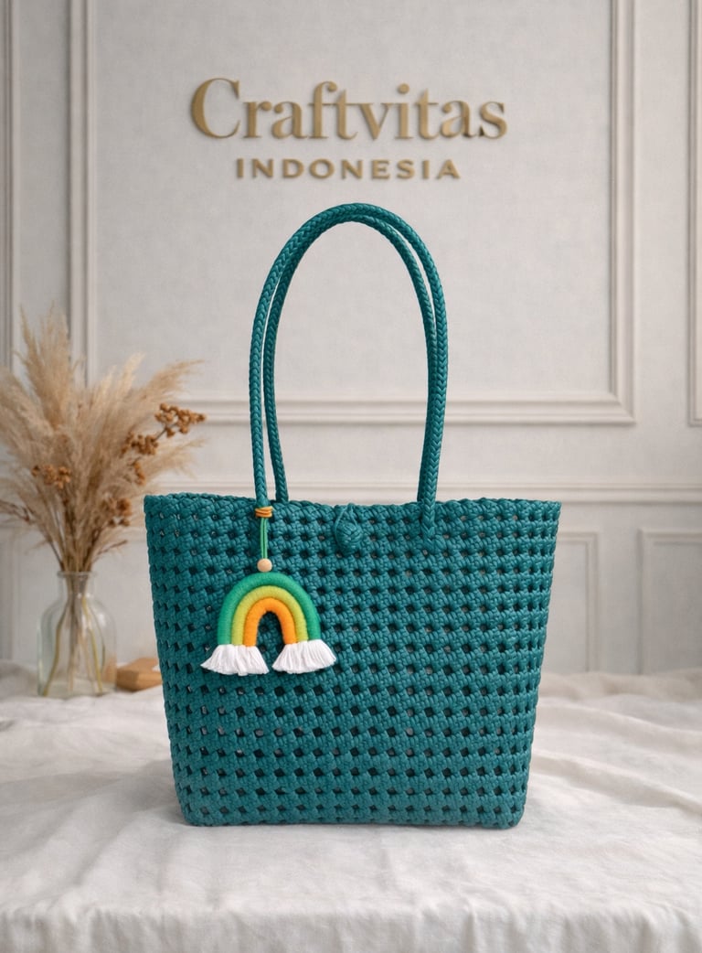 Tas anyaman plastik model sekar warna tosca handmade Craftvitas Indonesia
