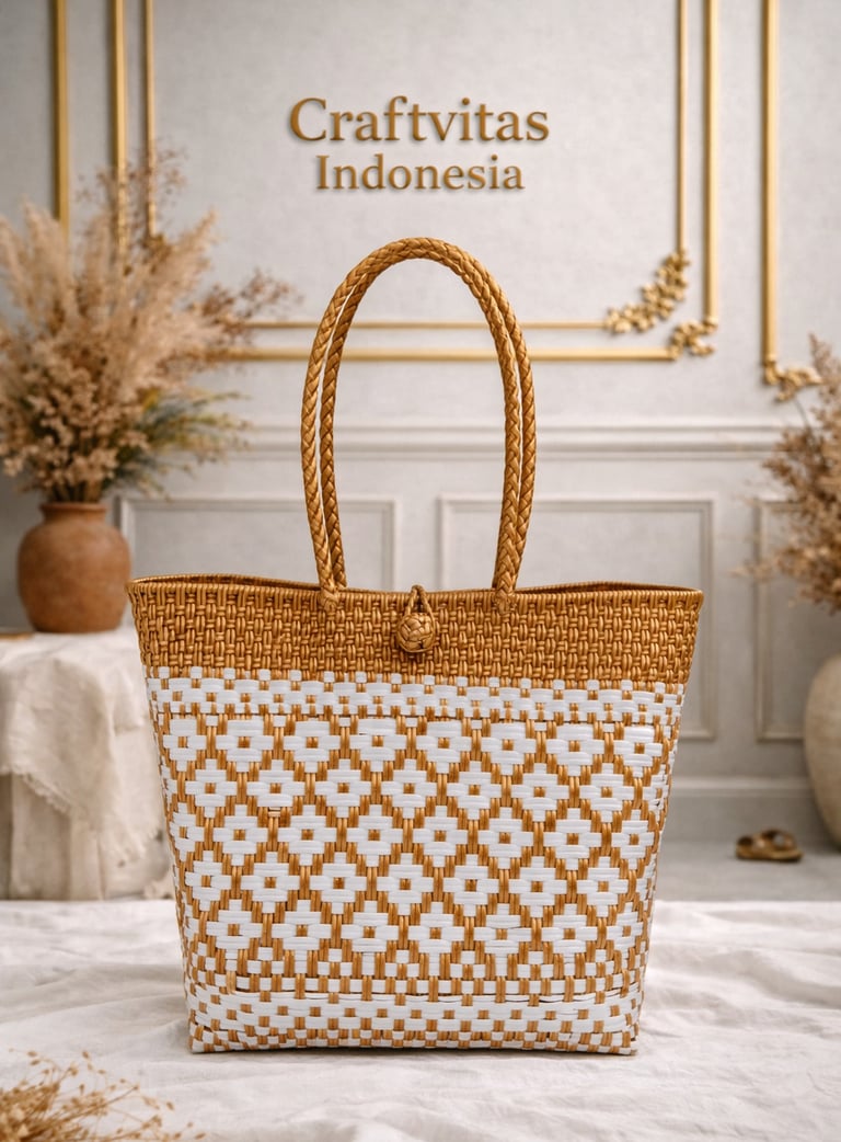 Tas anyaman plastik handmade warna emas dan putih motif kotak klasik dari Craftvitas Indonesia