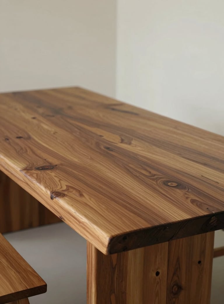 Mesa em madeira maciça mostrando a elegância dos veios naturais e do acabamento acetinado