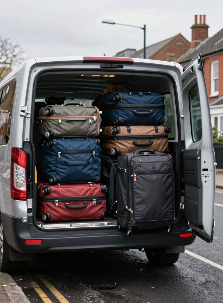 Close environmental shot, a row of large holiday suitcases being loaded into the open rear of a modern clean minibus parked on a quiet Liverpool residential street, natural overcast British morning light, hands visible mid-lift, no faces, bags clearly full and holiday-ready